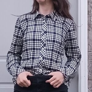 Black, white, and silver plaid flannel shirt